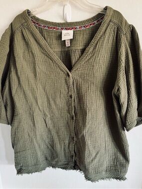 Knox rose  Olive Green Button-Front Cotton Gauze Top XL